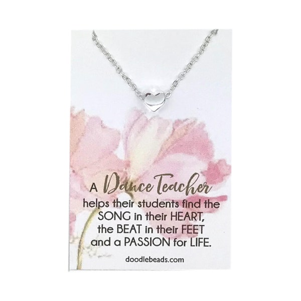 Dance Teacher gifts, Tiny Gold or Silver Heart Necklace, Dance Instructor Thank you, carded gift with message