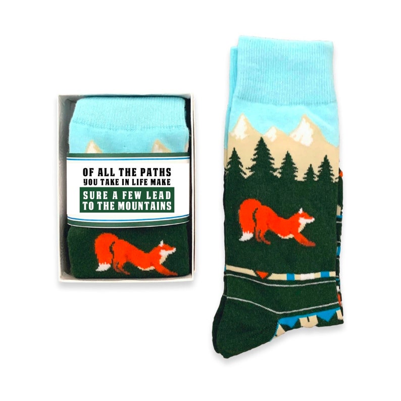 Outdoor Adventure Lover Gift for men, Colorful Novelty Fox socks, Mountain & Forest Tree socks, gift for husband, boyfriend, son birthday of all the paths