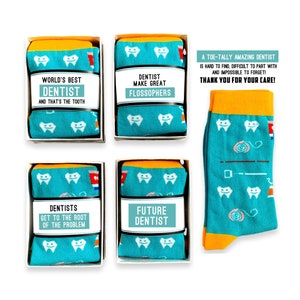 Os melhores presentes para dentistas do mundo, faculdade de odontologia, odontologia, futuro dentista, formatura, obrigado, meias de dentes divertidas e novas e cartão personalizado