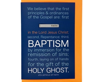 Regalo de bautismo para niño SUD, tarjeta de felicitación de bautismo con pasador de corbata con la fe, 4.º Artículo de Fe, Iglesia de Jesucristo, pasador de corbata con la fe estampada