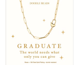 Graduate Heart Padlock Necklace Gift For Her –  18K Gold Brass Paperclip Chain with Heart Clasp, Meaningful Graduation Jewelry with Card