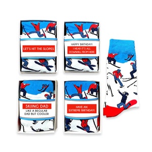 Chaussettes de ski, idée cadeau d'anniversaire pour skieur, chaussettes de ski fantaisie et carte d'emballage de chaussettes amusantes, snowboarder, papa skieur, petit ami, cadeau pour les amateurs de ski