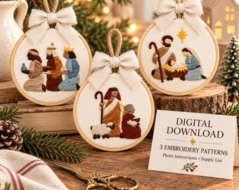3 Nativity Christmas Ornament Hand Embroidery Patterns: Step-by-Step Photo Instructions for Beginners, Digital PDF