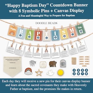 Cadeau d'épinglettes de baptême LDS pour garçons et filles avec 8 épingles de l'Alliance et un présentoir sur toile + bannière de l'Avent compte à rebours de 8 jours avec leçons de préparation au baptême