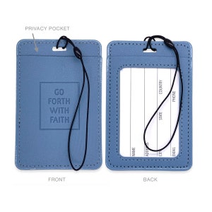 May include: A blue leather ID card holder with a black lanyard. The front of the holder has the text "GO FORTH WITH FAITH" embossed in a square. The back of the holder has a clear window for an ID card and spaces to write name, address, city, state, email, country, and phone number.