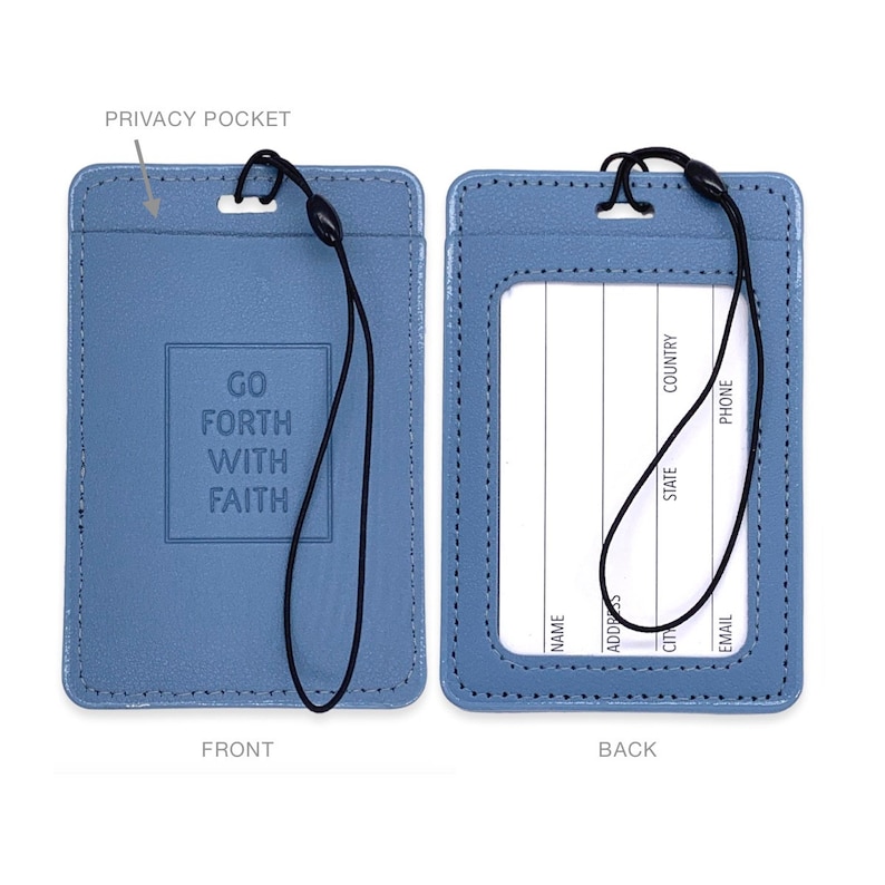 May include: A blue leather ID card holder with a black lanyard. The front of the holder has the text "GO FORTH WITH FAITH" embossed in a square. The back of the holder has a clear window for an ID card and spaces to write name, address, city, state, email, country, and phone number.