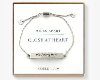 Missionary Jewelry, Miles apart close at heart, LDS Gifts, Dainty Missionary Mom Bracelet & quote card, bar bracelet, Mission president Mom