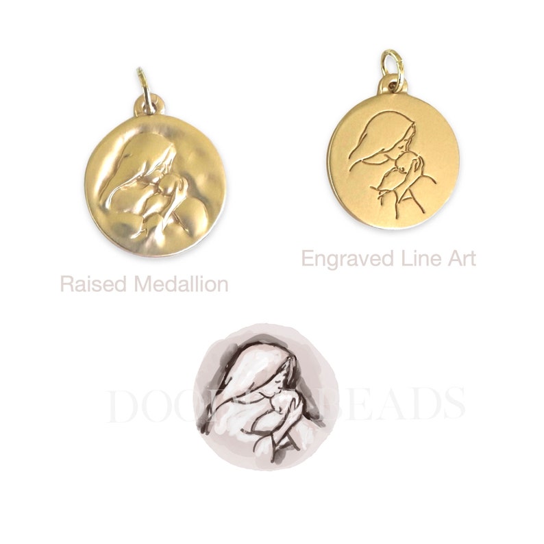 May include: Three different styles of a gold pendant featuring a mother and child. The first is a raised medallion, the second is an engraved line art design, and the third is a sketch of the design.