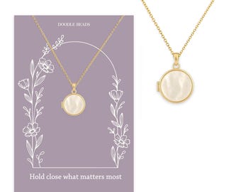 Mother of Pearl Photo Locket Necklace Gift, Dainty Round Gold Locket, Meaningful Keepsake Jewelry for Mom, Grandma, Daughter or Loved One