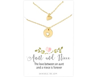 Aunt and Niece Necklaces, 2 Small layering Silver or gold Heart Necklaces Tiny Heart & cut out heart choose carded or in gift box