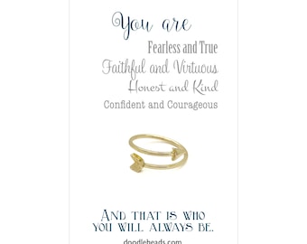 Gold or Silver adjustable arrow ring with inspiring quote card, teen girl gift, young women gift, self confidence gift, be the good jewelry