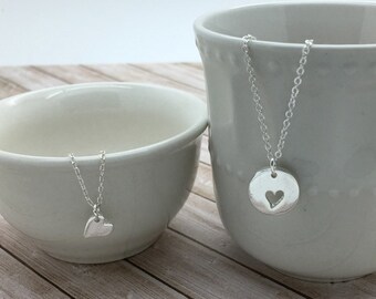 Mother Daughter Necklace set, layering Heart Necklaces, Tiny Silver or gold Heart & cut out heart, gift for daughters, gift for mother