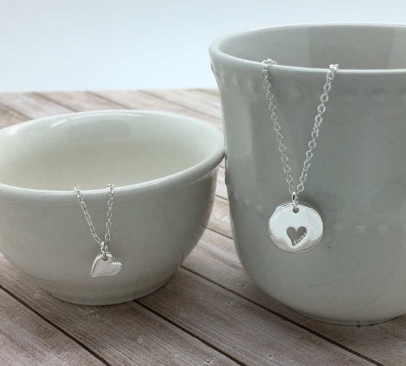 Mother Daughter Necklace set, layering Heart Necklaces, Tiny Silver or gold Heart & cut out heart, gift for daughters, gift for mother 