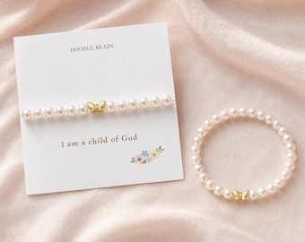 Pearl Butterfly Bracelet, Gold Plated Brass, Child of God Christian Gift