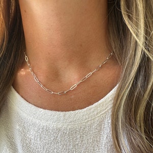 18k Gold or Silver Paperclip Link Chain Necklace or Choker, Trendy Silver Paper Clip Chain, Dainty Rectangle Links, Layering Necklace