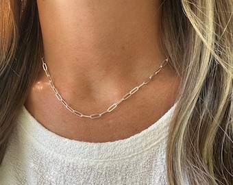 Collana o girocollo con catena a maglie a forma di graffetta in oro o argento 18k, catena a maglie a forma di graffetta in argento alla moda, maglie rettangolari delicate, collana a strati