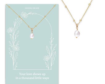 Dainty Pearl Pendant Necklace & Card – Meaningful Mother's Day or Thank You Love Gift for Her, Gold Satellite Chain with Freshwater Pearl