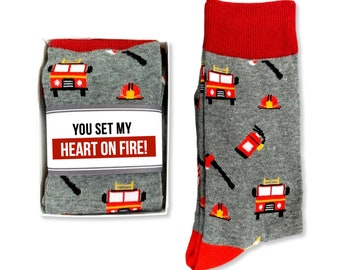 Firefighter Love Gifts for Husband, Boyfriend Gift, You Set My Heart on Fire, Fireman Socks & Card, Anniversary, Birthday, Love You Puns