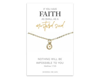 Mosterdzaadketting, zilveren of gouden Faith-ketting, als je een geloof hebt dat zo klein is als een mosterdzaadje, kies dan voor kaarden met citaat of in geschenkverpakking