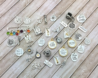 choose your charm, travel, beach, word message charms, CZ & bezeled glass charms, birthstone, stamped, geometric, bangle bracelet charms
