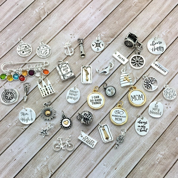 choose your charm, travel, beach, word message charms, CZ & bezeled glass charms, birthstone, stamped, geometric, bangle bracelet charms