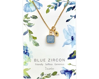 Colar com pedra do mês de dezembro, colar com zircônia azul e ouro, colar com inicial personalizada, joias para madrinhas em azul-poeira, joias com monograma para presente