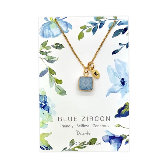 December Birthstone Necklace, Blue Zircon Necklace Gold