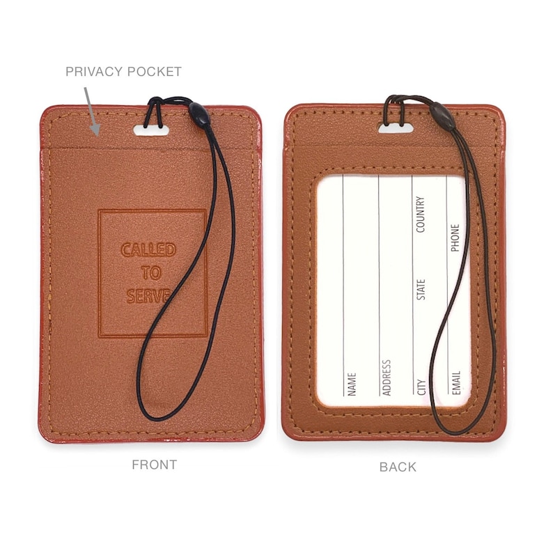 May include: Brown leather ID badge holder with a lanyard. The front side has the text "Called to Serve" embossed in a square. The back side has a clear window for displaying an ID card and spaces for writing name, address, city, state, country, phone, and email.