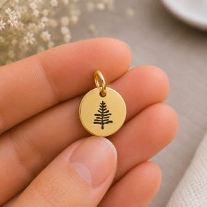 Silver or Gold Evergreen Tree Charm, Dainty Round Pine Tree Charm, Christmas Tree Charm,  Engraved Disc Tree Charm,  DIY Jewelry