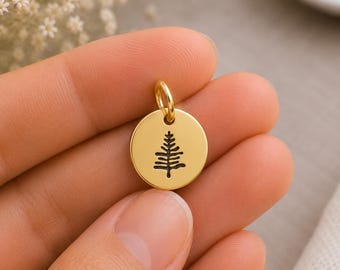 Silver or Gold Evergreen Tree Charm, Dainty Round Pine Tree Charm, Christmas Tree Charm,  Engraved Disc Tree Charm,  DIY Jewelry
