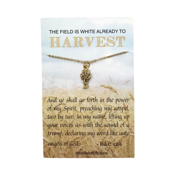 Sister Missionary Necklace - Gold wheat Necklace - Carded The Field Is White already to Harvest -  wheat sheaf charm