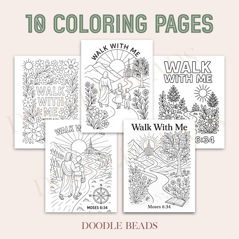 May include: A collection of five coloring pages with the text "Walk With Me" and various illustrations. The pages feature images of people, flowers, and landscapes. The phrase "10 Coloring Pages" is at the top.