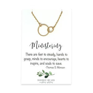 Regalo para hermanas ministrantes, ideas de regalos de la Sociedad de Socorro para hermanas, joyas SUD para mujeres jóvenes, delicado collar y tarjeta con anillo de círculo entrelazado.