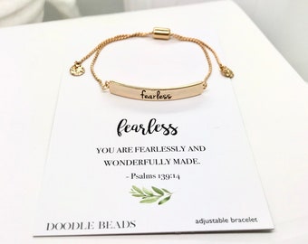 Fearless Bracelet, You are fearlessly & wonderfully made, bar bracelet w/ card, graduation Jewelry, self confidence gift, strong women gift