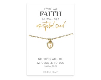 HEART Shaped Mustard Seed Necklace, Gold or Silver Mustard Seed Faith necklace & quote card,  Christian Jewelry, Religious gifts for women