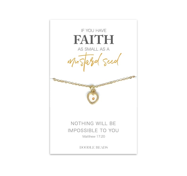 HEART Shaped Mustard Seed Necklace, Gold or Silver Mustard Seed Faith necklace & quote card,  Christian Jewelry, Religious gifts for women 
