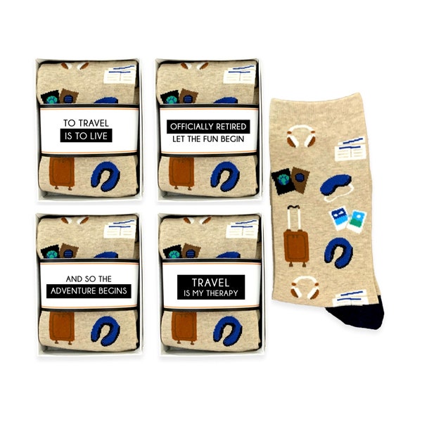 To Travel is to Live, Airplane Travel Socks for Men, Officially Retired, Fun Vacation Traveling Socks, World Traveler Gift, Birthday Trip