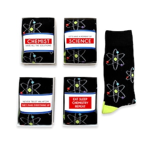 Cadeaux drôles sur le thème de la science pour hommes, femmes, amateur de chimie, biologie, cadeaux de nerd de physique, chaussettes scientifiques de fantaisie folle pour l'enseignant, chimiste