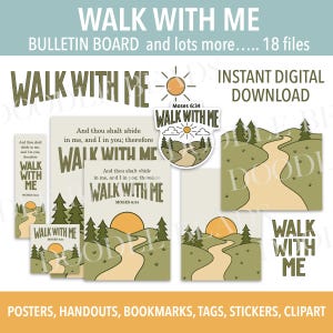 Puede incluir: Una colección de imprimibles digitales con el tema "Walk With Me". Los diseños incluyen un camino que conduce a una puesta de sol, árboles y el texto "Walk With Me" y "Moses 6:34". El conjunto incluye carteles, folletos, marcadores, etiquetas, pegatinas y cliparts.