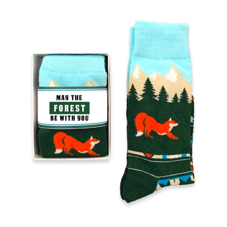 Outdoor Adventure Lover Gift for men, Colorful Novelty Fox socks, Mountain & Forest Tree socks, gift for husband, boyfriend, son birthday forest be with you
