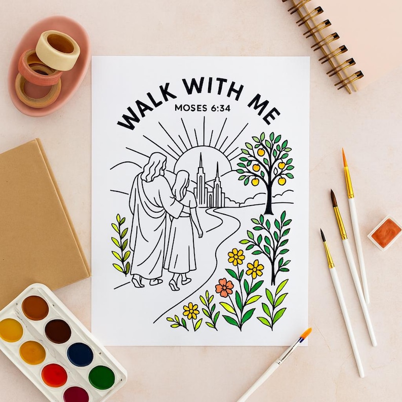 May include: Black and white line art print with the text "WALK WITH ME MOSES 6:34". The illustration depicts two figures walking on a path towards a city, with a sun, trees, and flowers. Paintbrushes, watercolor paints, and stationery are also visible.