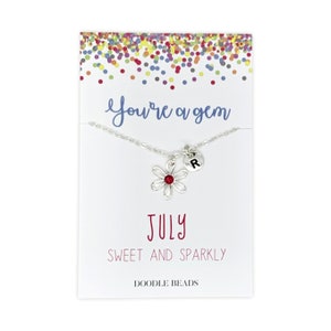 Little Girls Birthstone Necklace Personalized, July Birthday Girl Gift, Ruby Birthstone Flower Necklace with initial charm, keepsake jewelry