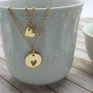 Mother Daughter Necklace Set, 2 Small Silver or Gold Heart Necklaces, daughter Heart necklace & mother cut out heart necklace, carded gift