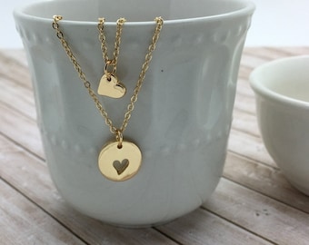 Mother Daughter Necklace Set, 2 Small Silver or Gold Heart Necklaces, daughter Heart necklace & mother cut out heart necklace, carded gift