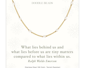 Dainty Pearl Station Necklace Gift for Her, Inspirational Jewelry with Quote, Gold Pearl Chain Layering Necklace for Daughter, Graduation