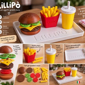 May include: A toy fast food set featuring a brown hamburger with stackable layers, a red container of yellow french fries, a yellow drink cup with a white lid and straw, and a white rectangular tray with the embossed text LILLIPO.