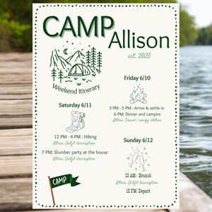 Camp Bachelorette, Bachelorette Camp, Bachelorette Reiseplan Vorlage, Camp Bachelorette Einladen, druckbarer Reiseplan