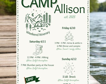 Camp Bachelorette, Bachelorette Camp, Bachelorette Itinerary Template, Camp Itinerary, Camp Bachelorette Invite, Printable Itinerary