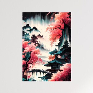 Gelassene japanische Landschafts-vertikale Plakate, asiatisches Dekor, Naturwandkunst, Hauptästhetik, japanische Kirschblütenkunst