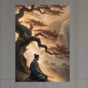 Póster de serenidad samurái, arte mural samurái japonés, decoración zen para el hogar, impresión de meditación, arte paisajístico apacible, regalo de artes marciales para amantes de los samuráis.